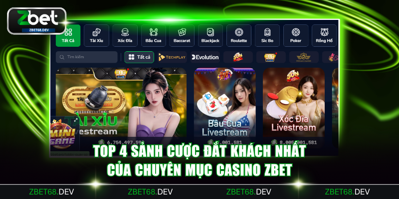 Top 4 sảnh cược đắt khách nhất của chuyên mục Casino ZBET